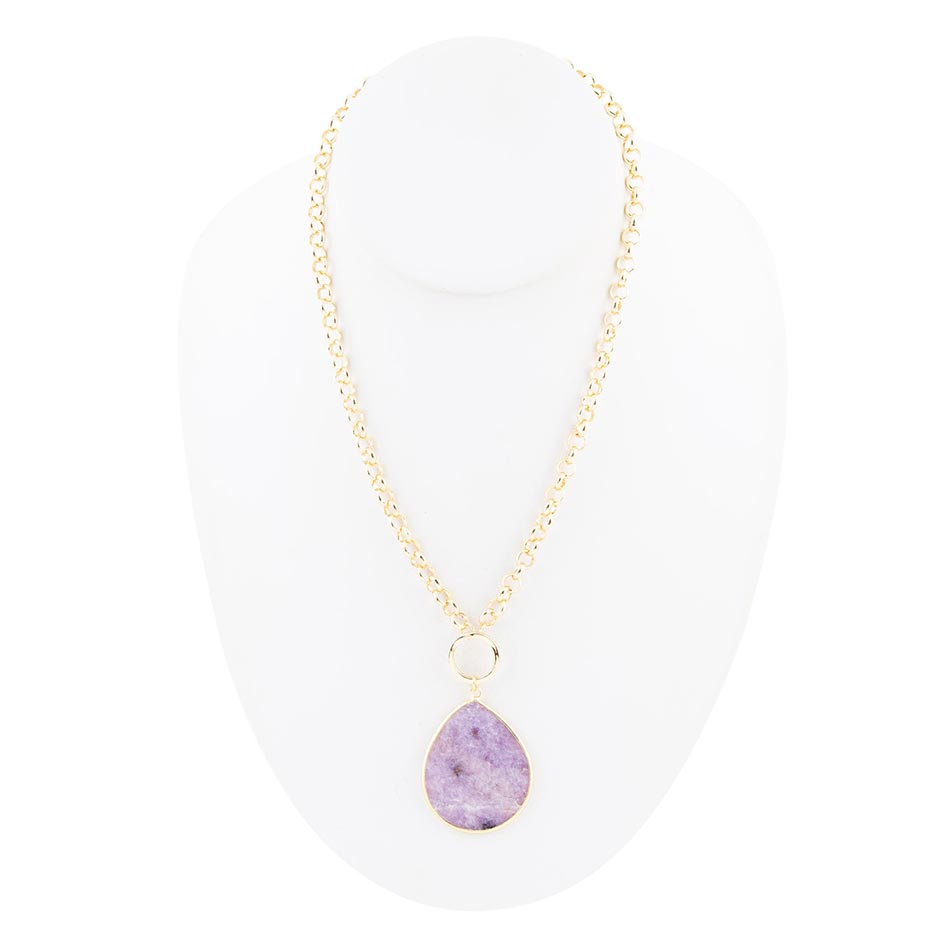 Purple Amethyst Teardrop Golden Chain Necklace detail view by Barse Jewelry