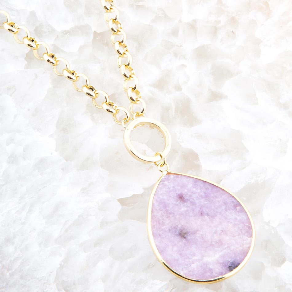 Purple Amethyst Teardrop Golden Chain Necklace detail view by Barse Jewelry