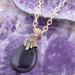 Purple Quartz Teardrop Golden Pendant Necklace detail view by Barse Jewelry