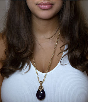 Purple Quartz Teardrop Golden Pendant Necklace detail view by Barse Jewelry