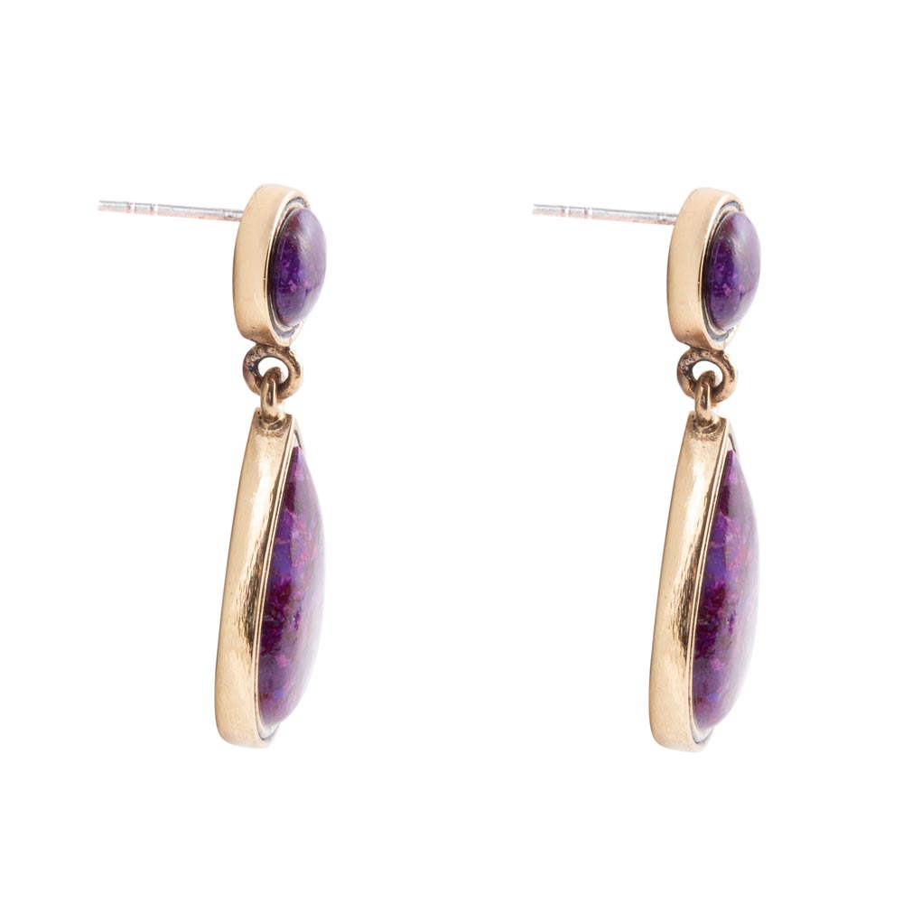 Purple Turquoise and Golden Bronze Teardrop Earrings detail view by Barse Jewelry