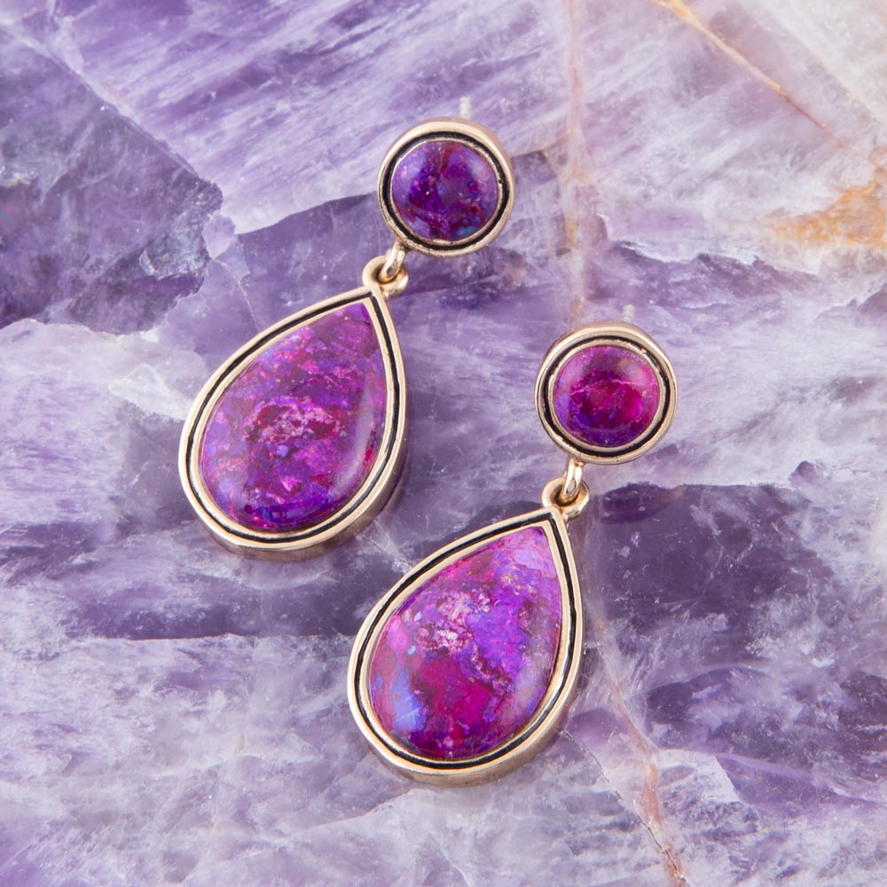 Purple Turquoise and Golden Bronze Teardrop Earrings detail view by Barse Jewelry