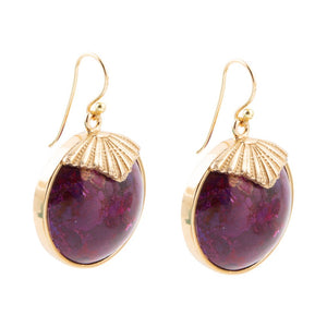 Purple Turquoise Circle Golden Drop Earrings detail view by Barse Jewelry