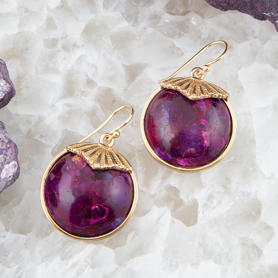 Purple Turquoise Circle Golden Drop Earrings detail view by Barse Jewelry