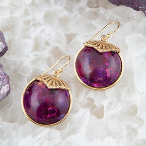 Purple Turquoise Circle Golden Drop Earrings detail view by Barse Jewelry