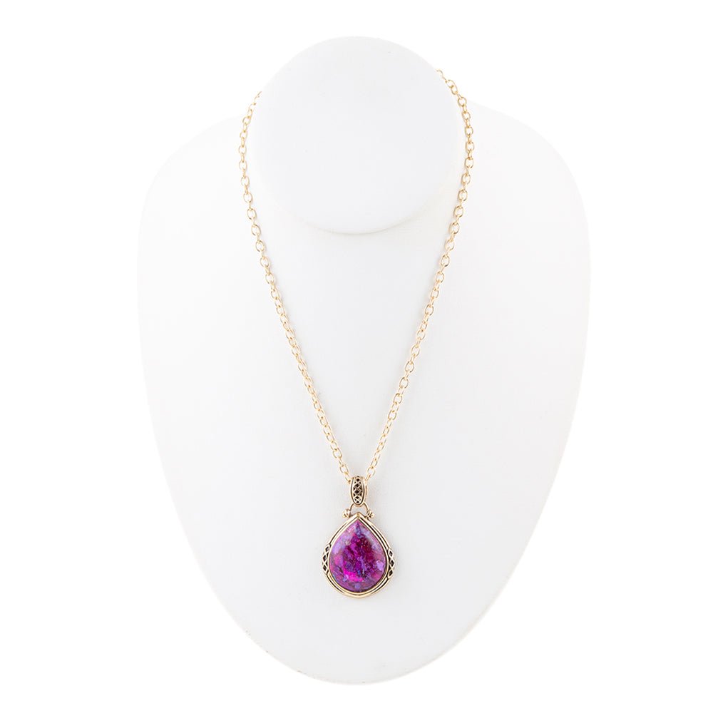 Purple Turquoise Teardrop Golden Pendant Necklace detail view by Barse Jewelry