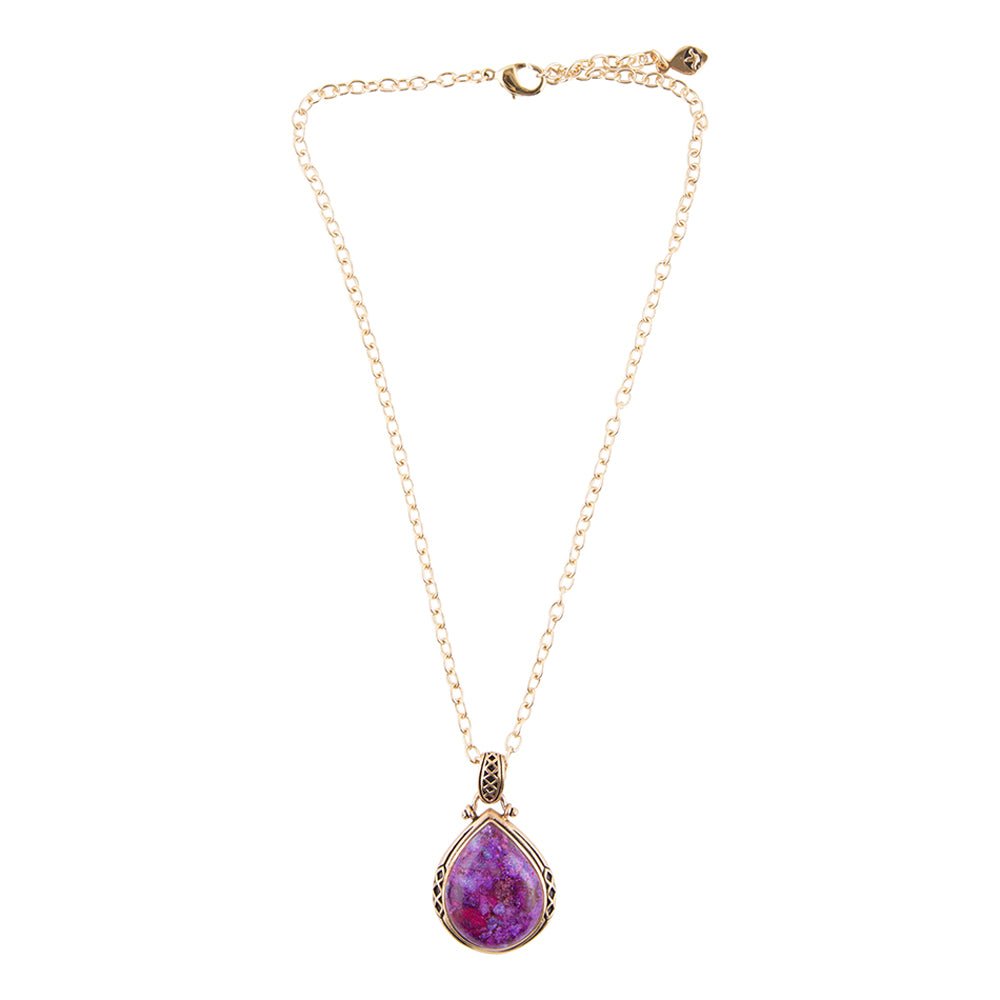 Purple Turquoise Teardrop Golden Pendant Necklace detail view by Barse Jewelry