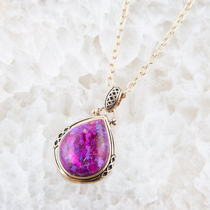 Purple Turquoise Teardrop Golden Pendant Necklace detail view by Barse Jewelry