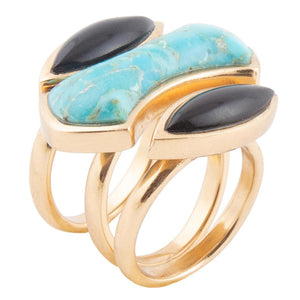 Puzzle Blue Turquoise and Black Onyx Golden Ring Set by Barse Jewelry