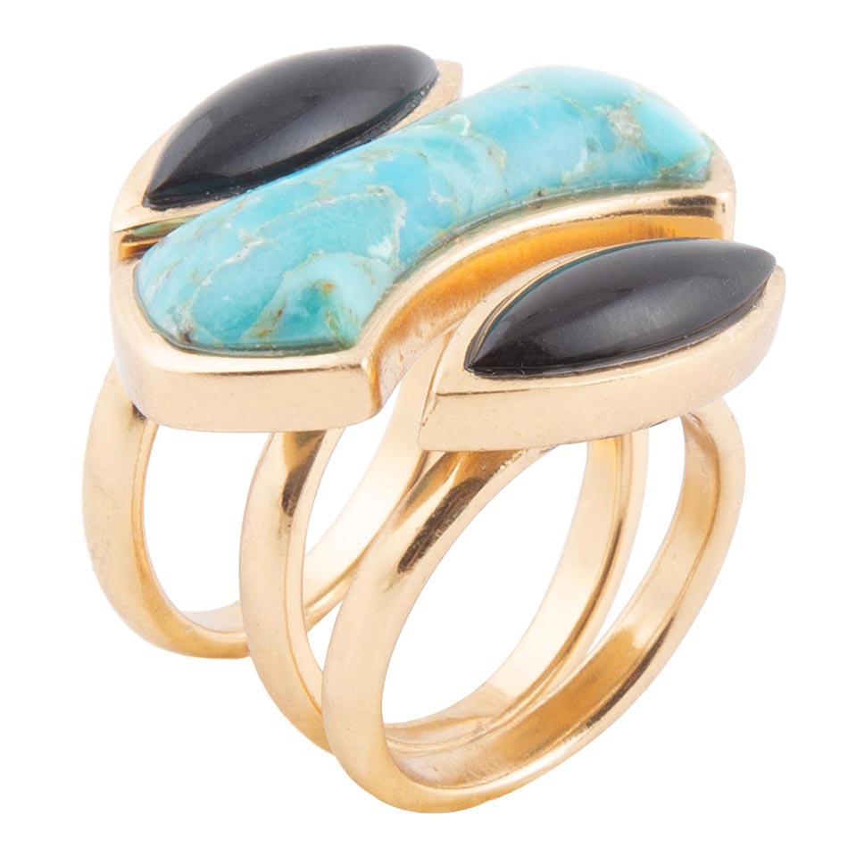 Puzzle Blue Turquoise and Black Onyx Golden Ring Set by Barse Jewelry