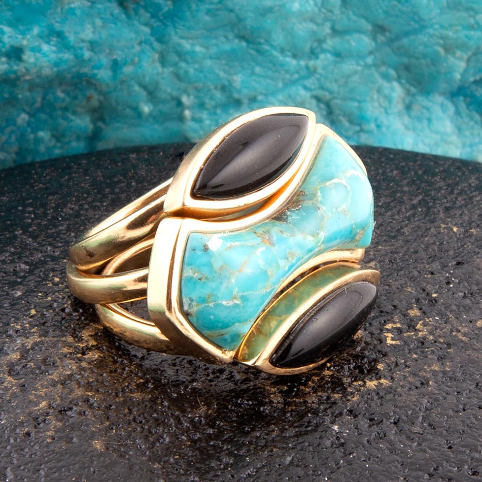 Puzzle Blue Turquoise and Black Onyx Golden Ring Set detail view by Barse Jewelry