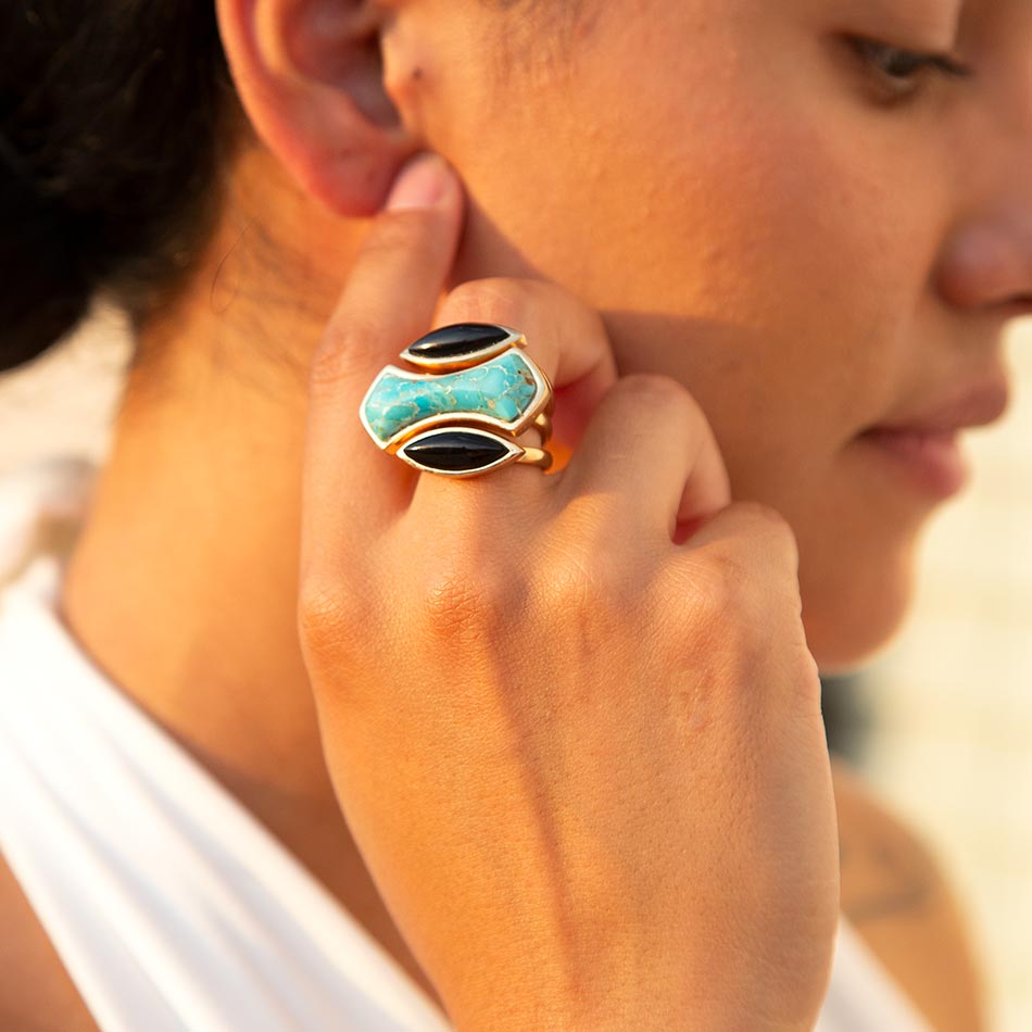 Puzzle Blue Turquoise and Black Onyx Golden Ring Set detail view by Barse Jewelry