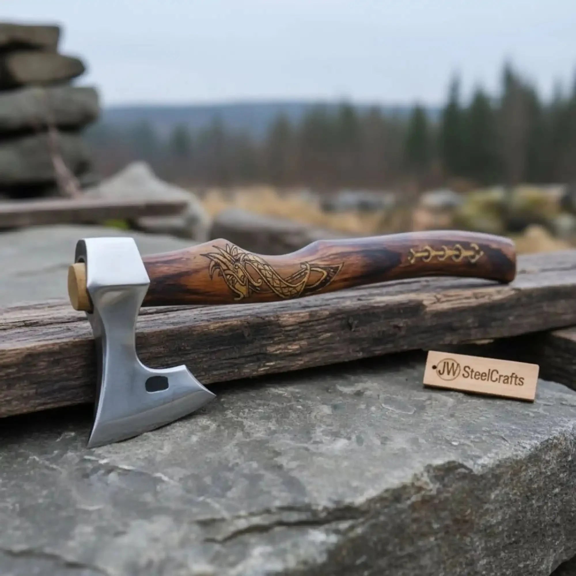 Hand Forged Damascus Steel Viking Axe – 18” Bearded Bushcraft Hatchet with Hardwood Handle | JW SteelCrafts by JW SteelCrafts, Southern lifestyle apparel main product photo