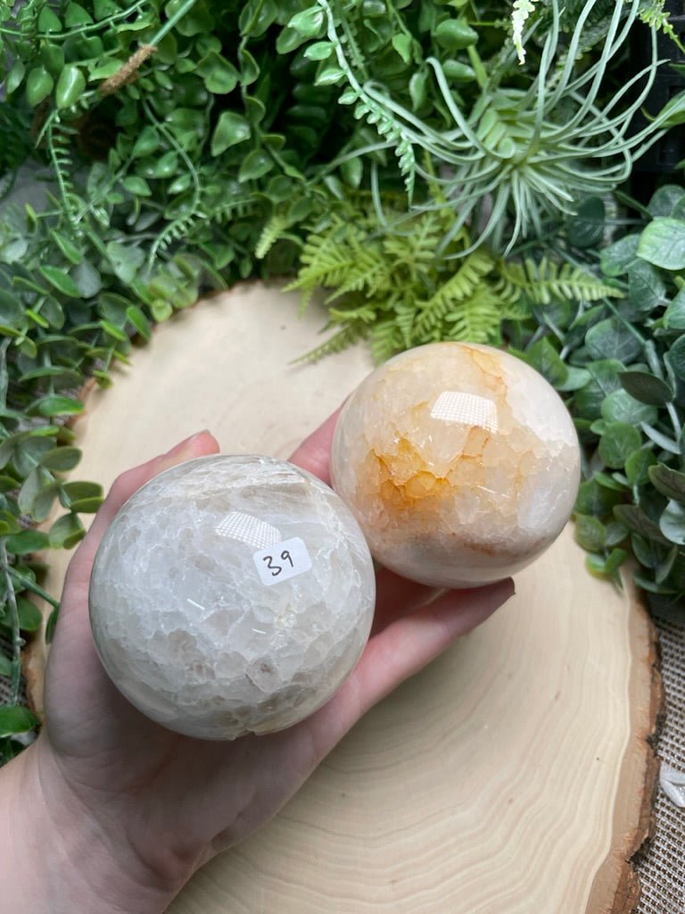 Quartz and Flower Agate Sphere detail view by Copper Ashes