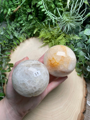Quartz and Flower Agate Sphere detail view by Copper Ashes