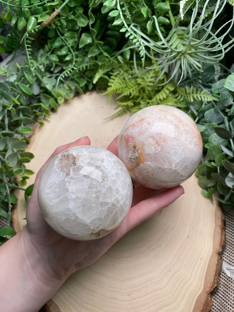 Quartz and Flower Agate Sphere detail view by Copper Ashes
