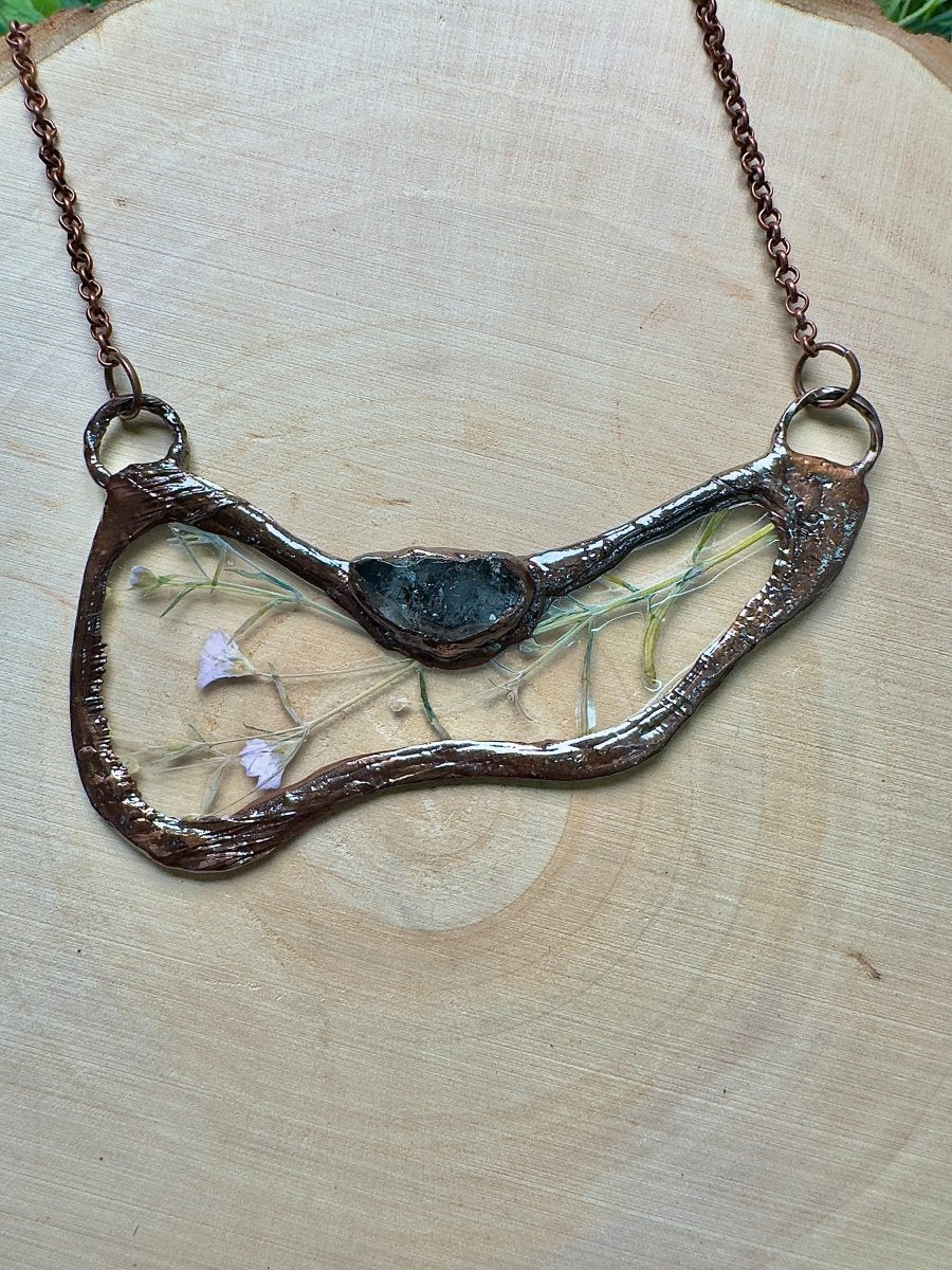Quartz Diamond and Dried Flower Necklace by Copper Ashes