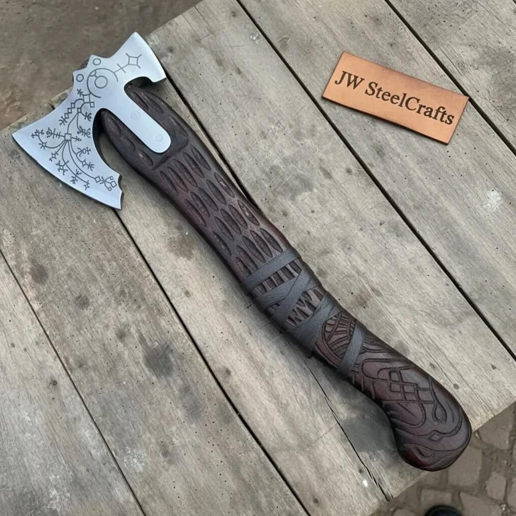 Handmade Viking Double-Bit Carbon Steel Axe with Norse Rune Etching and Engraved Hardwood Handle by JW SteelCrafts, Southern lifestyle apparel detail photo 8