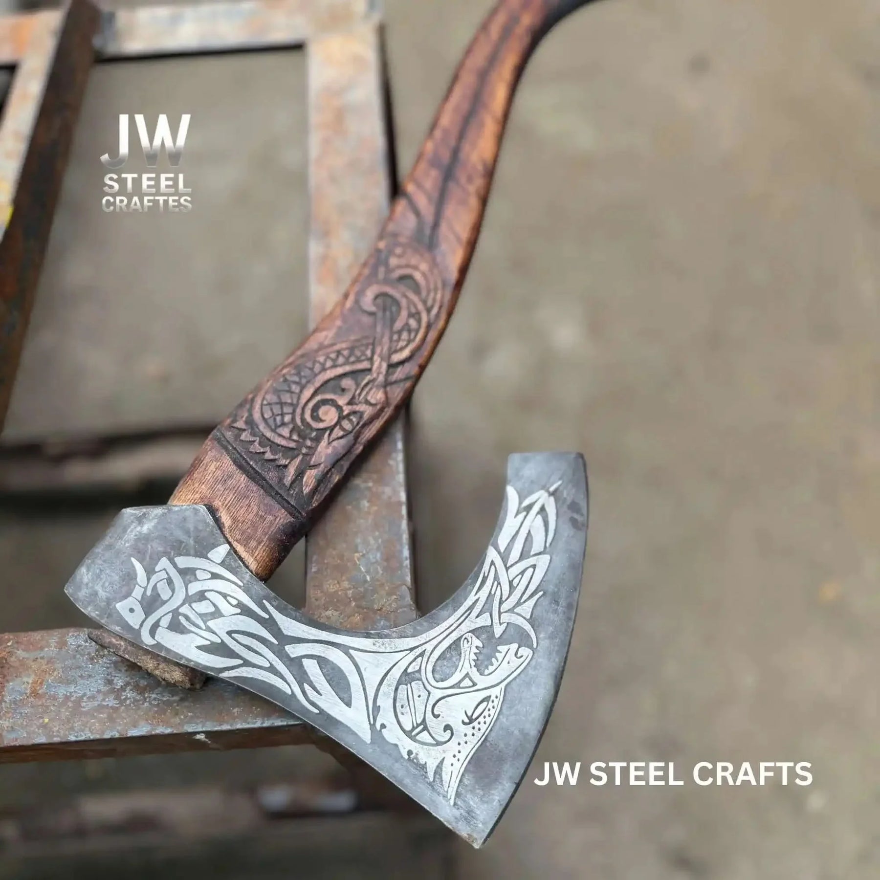 Hand-Engraved Viking Bearded Axe with Carved Hardwood Handle – Damascus Steel Blade | JW SteelCrafts by JW SteelCrafts, Southern lifestyle apparel detail photo 8