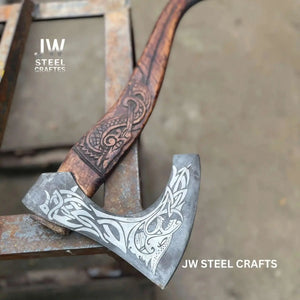 Hand-Engraved Viking Bearded Axe with Carved Hardwood Handle – Damascus Steel Blade | JW SteelCrafts by JW SteelCrafts, Southern lifestyle apparel detail photo 8