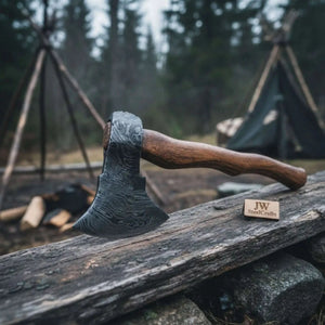 Handcrafted Damascus Utility Hatchet – Bearded Blade Style, Solid Wood Handle, Sheath Included by JW SteelCrafts, leather knife sheath detail photo 2