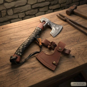 Viking Rune Engraved Bearded Hatchet with Leather Wrapped Handle by JW SteelCrafts, Southern lifestyle apparel main product photo