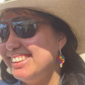 Rainbow Hot Air Balloon Wooden Dangle Earrings | Travel Jewelry detail view by Cate's Concepts, LLC