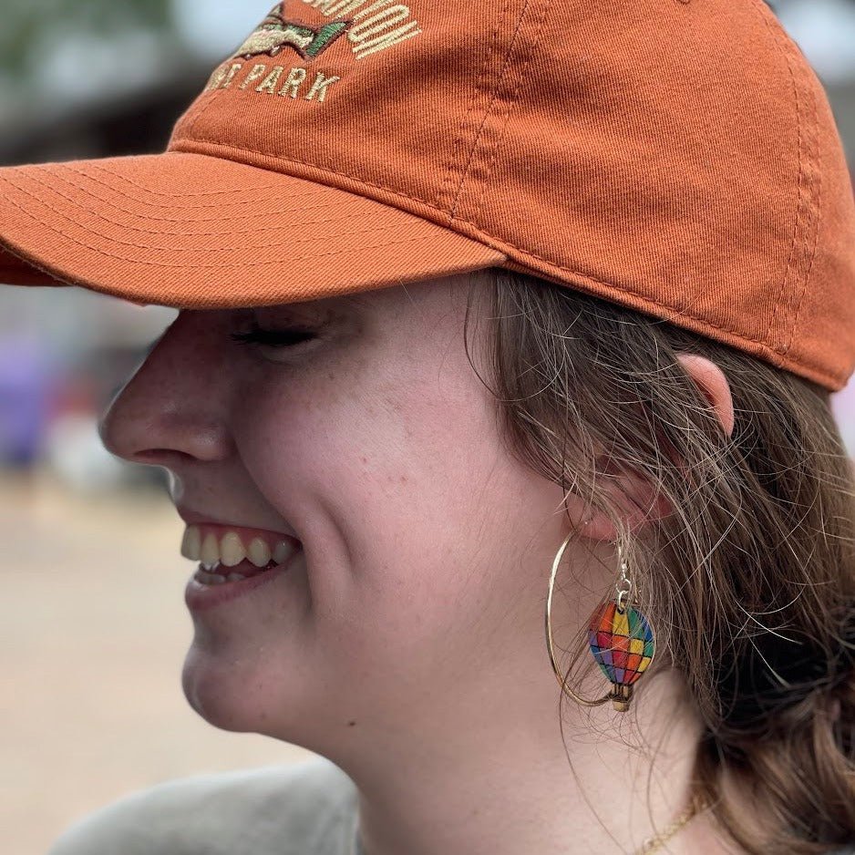 Rainbow Hot Air Balloon Wooden Dangle Earrings | Travel Jewelry detail view by Cate's Concepts, LLC