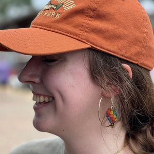 Rainbow Hot Air Balloon Wooden Dangle Earrings | Travel Jewelry detail view by Cate's Concepts, LLC