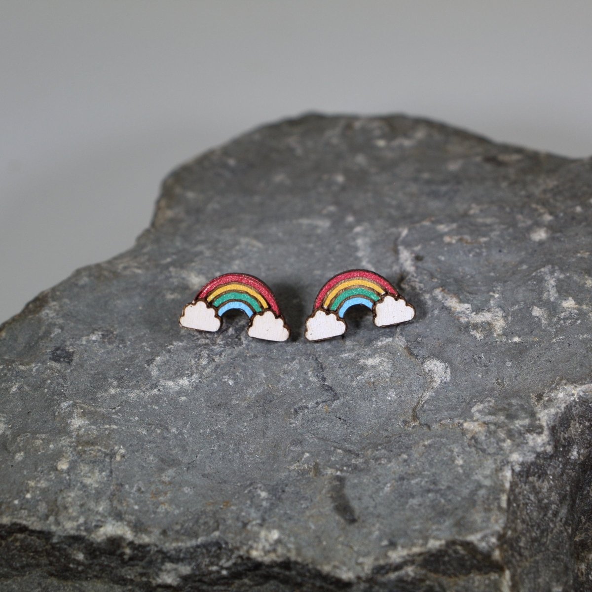 Rainbow Wooden Earrings | Colorful Pride Jewelry detail view by Cate's Concepts, LLC