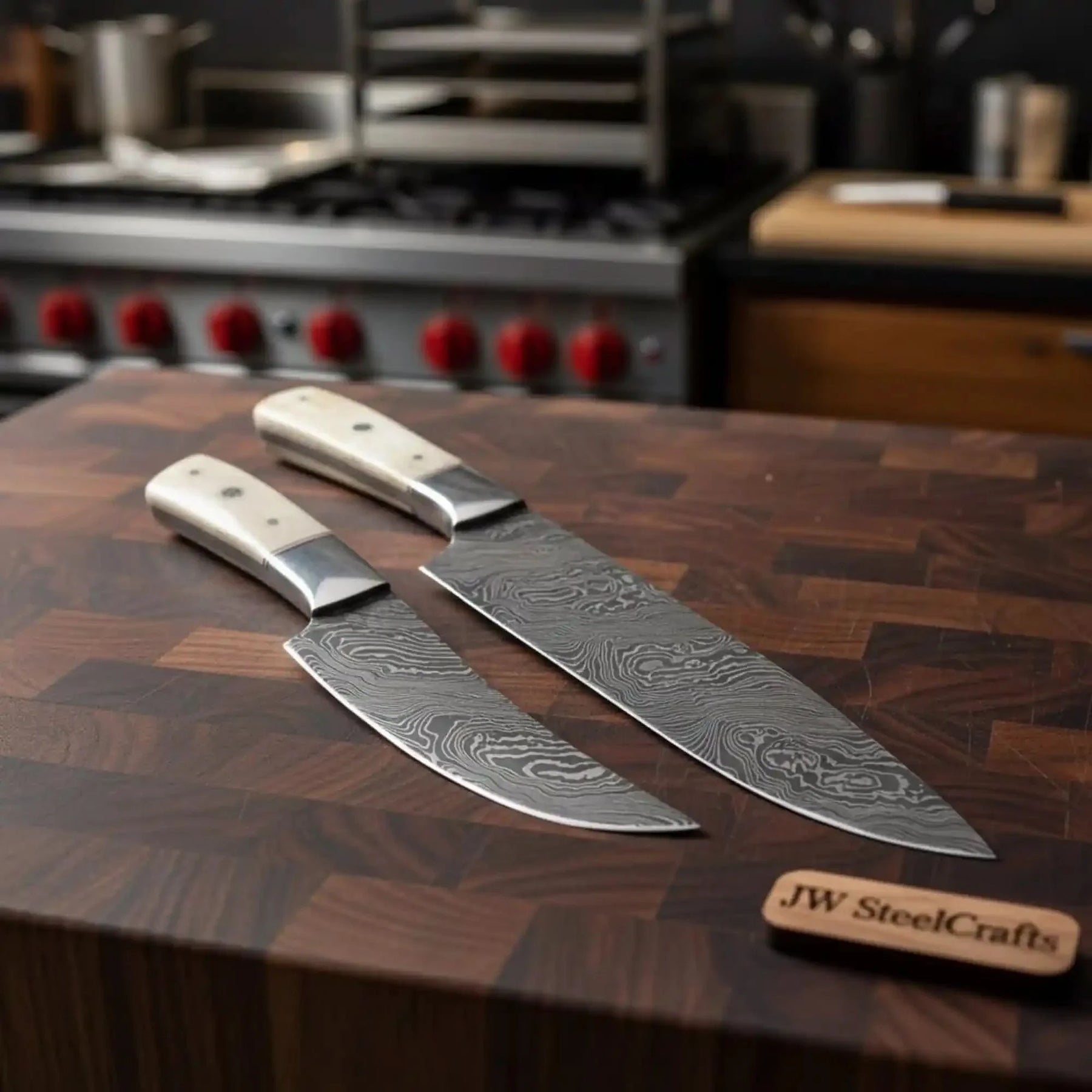 2-Piece Damascus Chef Knife Set — 10 & 8 Inch Wave Pattern Blades, White Camel Bone Handles & Steel Bolsters | JW Steel Crafts by JW SteelCrafts, Damascus knife detail photo 2