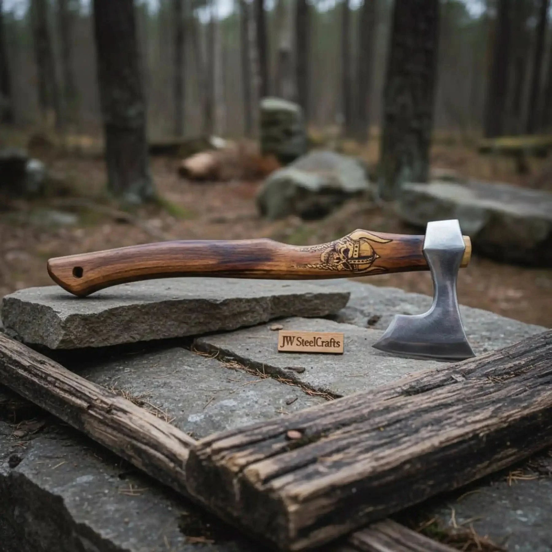 Hand Forged Damascus Steel Viking Axe – 18” Bearded Bushcraft Hatchet with Hardwood Handle | JW SteelCrafts by JW SteelCrafts, Southern lifestyle apparel detail photo 2