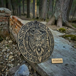 Handcrafted Viking Shield and Engraved Axe Set with Raven Motif and Norse Knotwork detail view by JW SteelCrafts