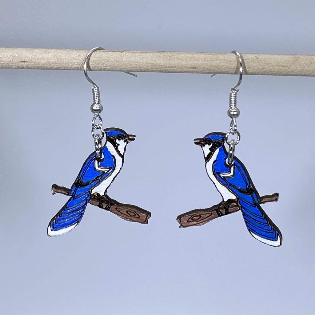 Blue Jay Wooden Dangle Earrings | Realistic Bird Jewelry detail view by Cate's Concepts, LLC