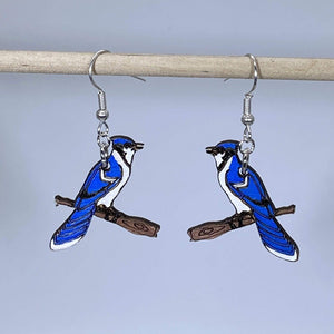 Blue Jay Wooden Dangle Earrings | Realistic Bird Jewelry detail view by Cate's Concepts, LLC