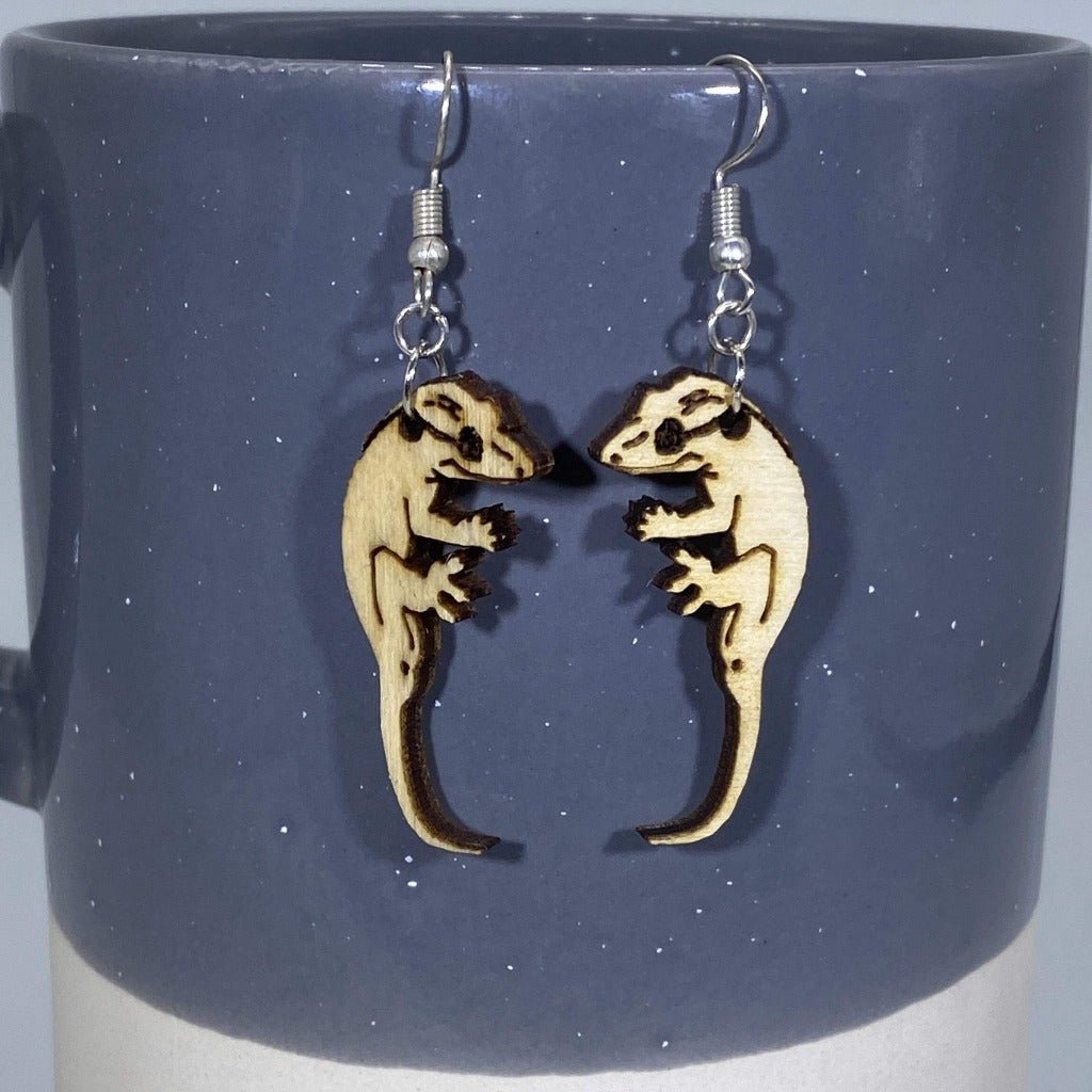 Crested Gecko Wooden Dangle Earrings | Realistic Lizard Jewelry by Cate's Concepts, LLC, handmade jewelry detail photo 2