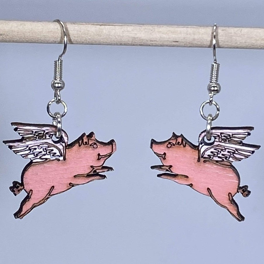 Flying Pig Wooden Dangle Earrings | Realistic Animal Jewelry detail view by Cate's Concepts, LLC