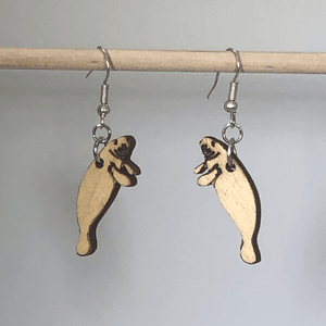 Manatee Wooden Dangle Earrings | Realistic Sea Life Jewelry detail view by Cate's Concepts, LLC