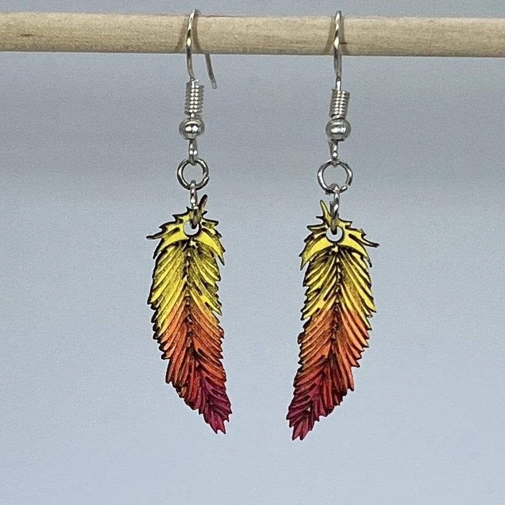 Feather Wooden Earrings | Red Yellow Boho Jewelry detail view by Cate's Concepts, LLC