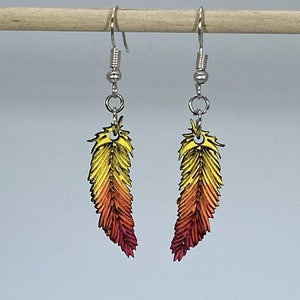 Feather Wooden Earrings | Red Yellow Boho Jewelry detail view by Cate's Concepts, LLC