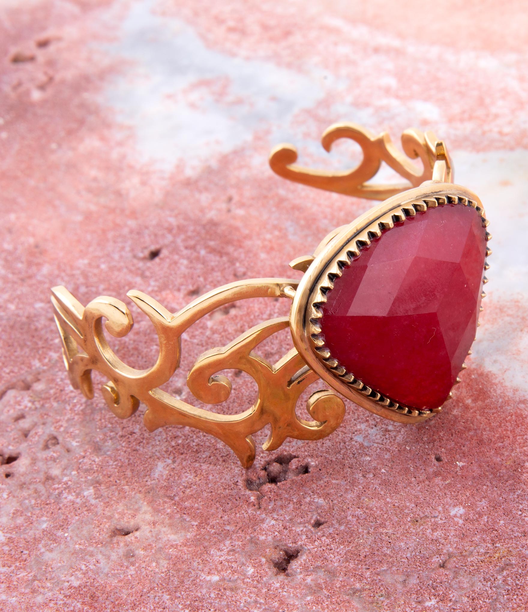 Red Bordeaux Quartz Golden Statement Cuff Bracelet detail view by Barse Jewelry
