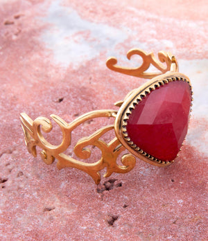 Red Bordeaux Quartz Golden Statement Cuff Bracelet detail view by Barse Jewelry