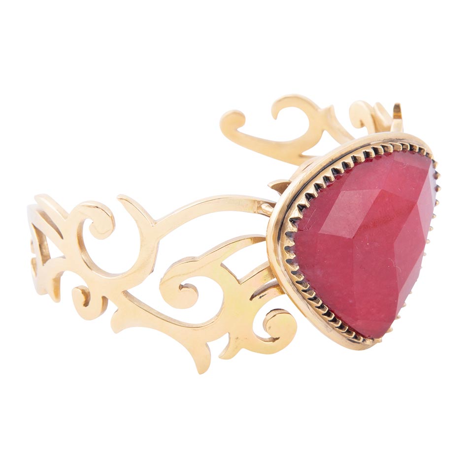 Red Bordeaux Quartz Golden Statement Cuff Bracelet by Barse Jewelry