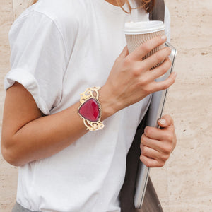 Red Bordeaux Quartz Golden Statement Cuff Bracelet detail view by Barse Jewelry