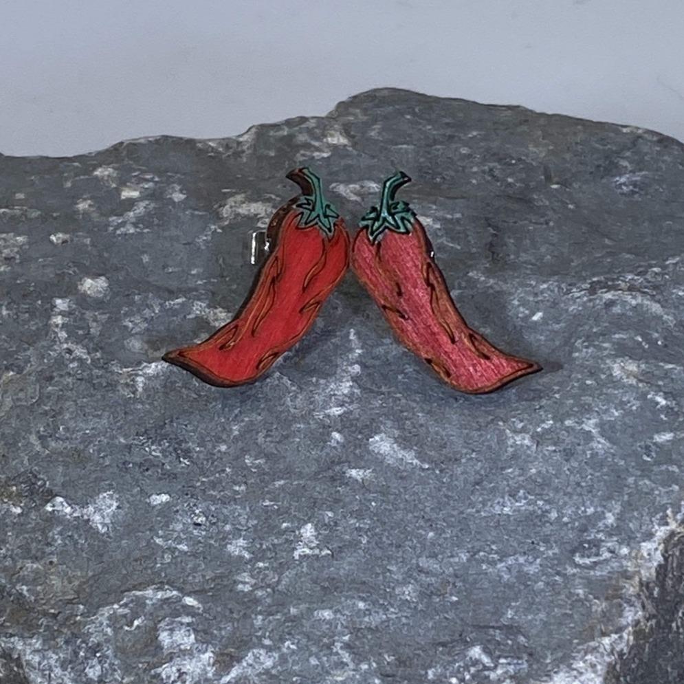 Red Chili Pepper Earrings Wooden | Spicy Food Jewelry detail view by Cate's Concepts, LLC
