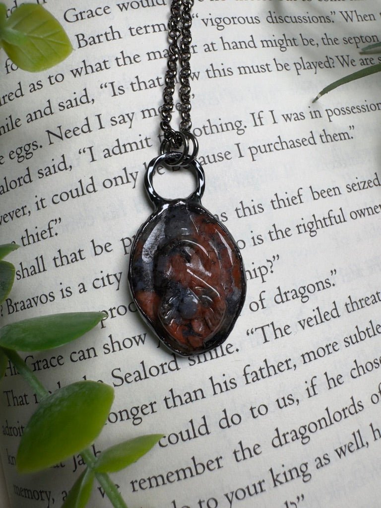 Red Que Sera Yoni Necklace detail view by Copper Ashes