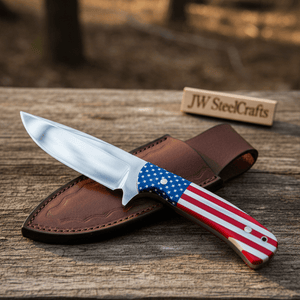 Handmade Drop Point Hunting Knife – High Polish Bearing Steel Blade, USA Flag Handle, Full Tang Fixed Blade by JW SteelCrafts, Damascus knife main product photo