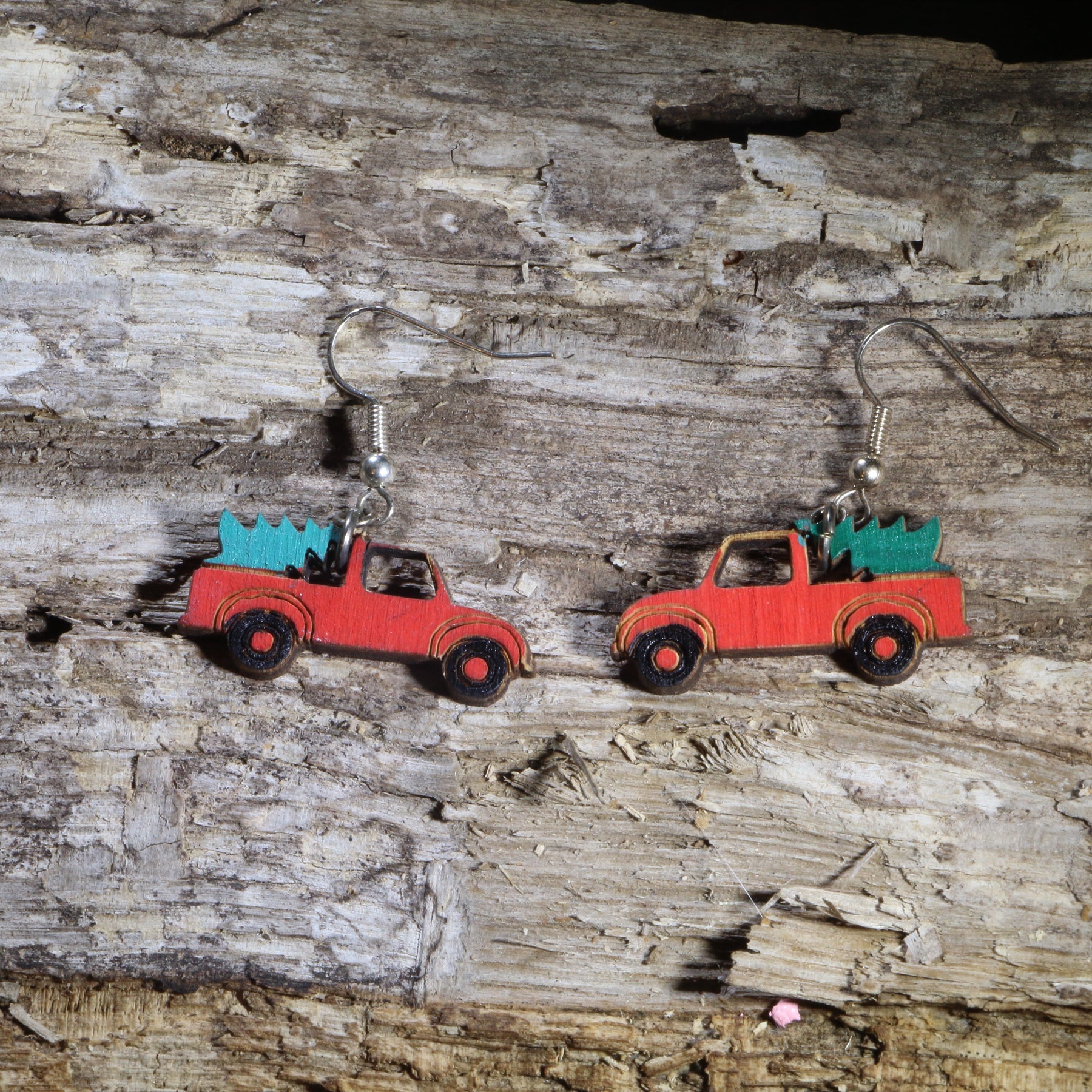 Red Truck Christmas Tree Wooden Dangle Earrings | Holiday Jewelry by Cate's Concepts, LLC