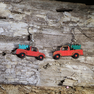 Red Truck Christmas Tree Wooden Dangle Earrings | Holiday Jewelry by Cate's Concepts, LLC