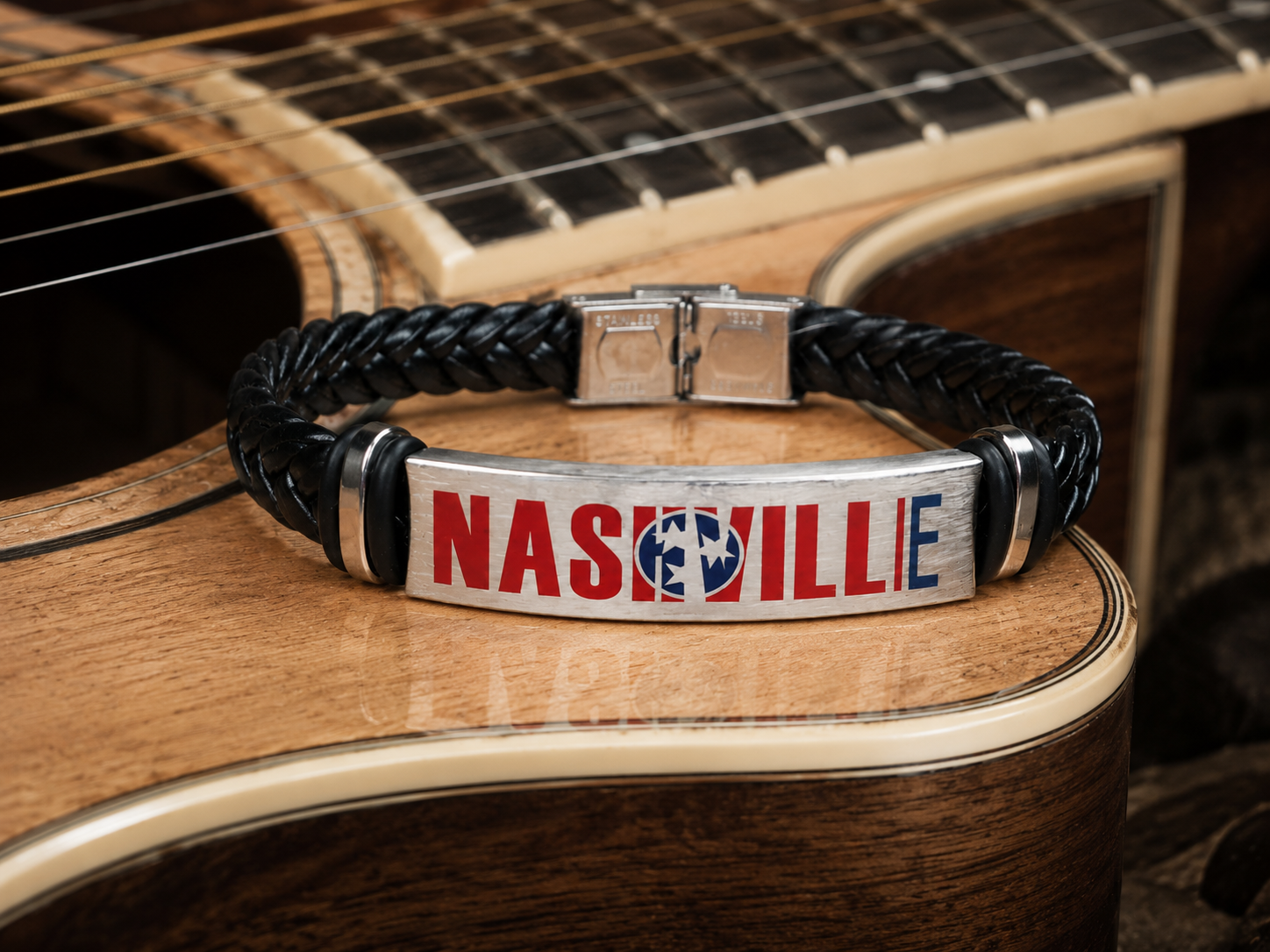 Men’s Black Leather Nashville Bracelet by N Harmony Jewelry, handmade jewelry main product photo
